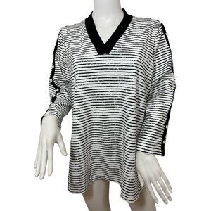 E.L.I Tunic Top XL Black White Stripes Long Sleeve V-Neck Buttons Arms Slits
